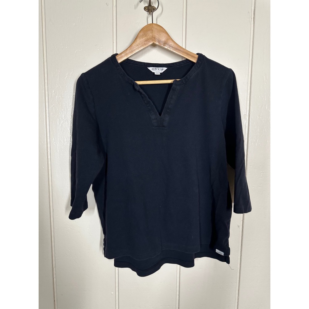 Orvis Top Womens Medium Black Split Neck 3/4 Sleeve Classic Collection 7602